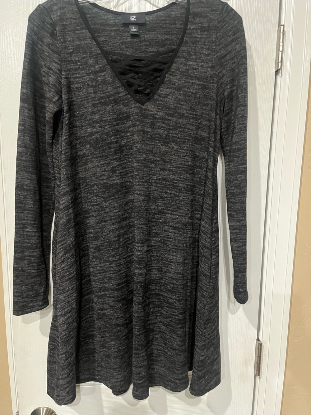 Iz Byer Heather Charcoal Long Sleeve Crisscross V-Neck Swing Dress